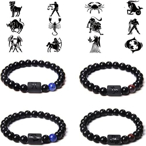 12 Constellation Bracelets Black Stone Beads Zodiac Pattern Aries Leo Pisces Simple Bangles For Women Men Birthday Jewelry Gift