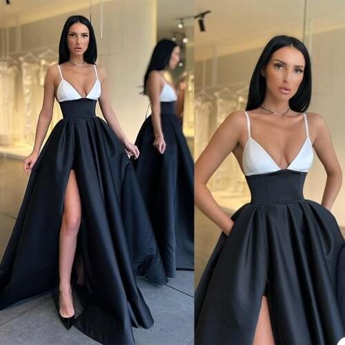 Black Color Contrast Sleeveless Side Split Prom Gown Spaghetti Strap Party Dress Custom Made