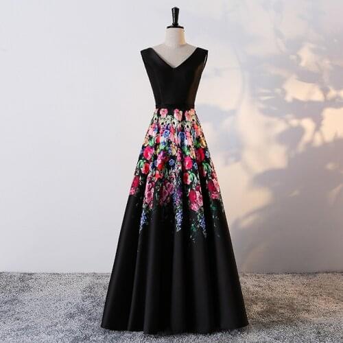 Black Satin Floral Print Evening Dresses Long New Elegant Strapless Custom Plus Sizes Party Prom Gown