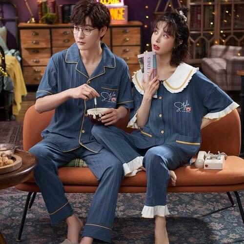 SLPBELY Couple Pajamas Set Homewear Summer Cotton Cartoon Sweet Doll Collar Short Sleeve Pyjamas Cute Lover Sleepwear Nightwear