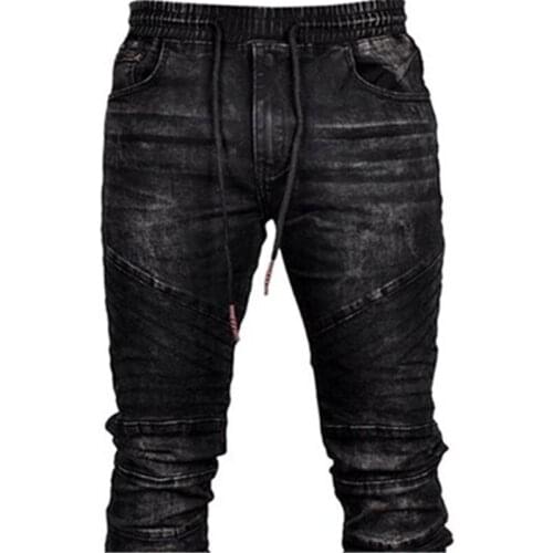 Mens Spring Plus-Size S-3XL Black Blue Pleated Aasual Slim Micro-Ttretch Drawstring Tie Pants Jeans