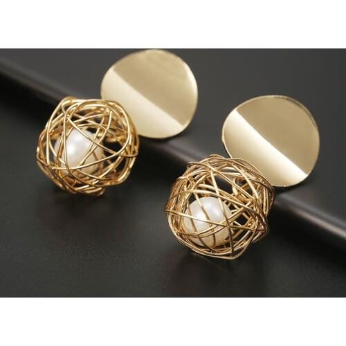 European And American Style New Geometric Earrings Simple Woven Ball Pearl Earrings Fashionable And Versatile Pendientes