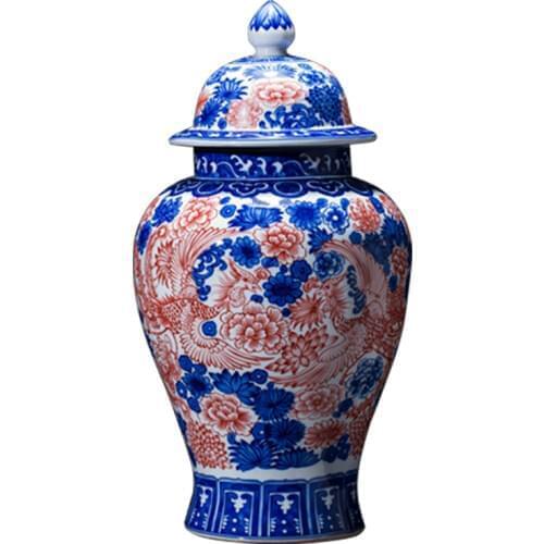Jingdezhen porcelain antique vase blue and white glaze red general tank Chinese retro classic living room decorations