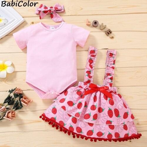 BabiColor Toddler Kids Baby Girls Outfits T Shirt Ruffle Tops Set Fruit Floral Bow Suspender Skirts Set Summer Girl Outfits