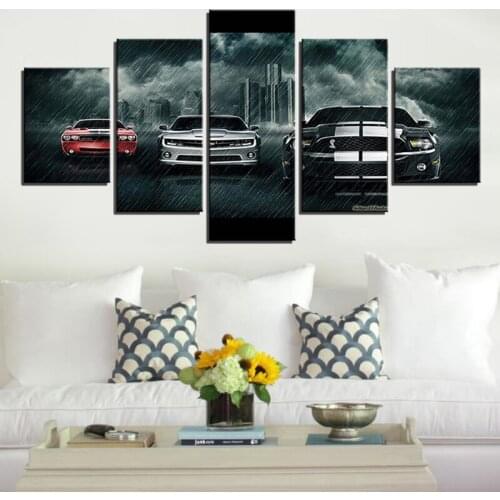 Painting On Canvas Wall Art Frame Home Decor Room HD Printed 5 Panel Modular Picture Mustang Car The Rain Poster
