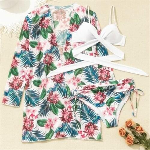 3 Piece Bikini Set with Cover Up Dress Print Beach Wear Swim Suit Bikiny High-waist Beachwear for Women 2021 Summer Sundress