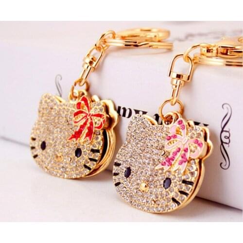 Creative Cute Diamond Cartoon Cat Head Makeup Mirror Key Chain Ladies Bag Accessories Metal Pendant Key Chain