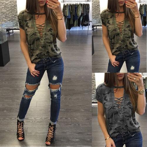 Summer Women Short Sleeve Camo T-Shirt Sexy Loose Top Ladies Casual Camouflage Printed Tops