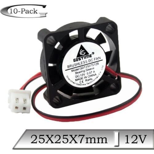 10 Pcs Gdstime 12V 25x25x7mm 25mm 9 Blades Mini 2Pin 3D Printer Cooling Fan 2507 2.5cm Brushless DC Exhaust Cooler Radiator