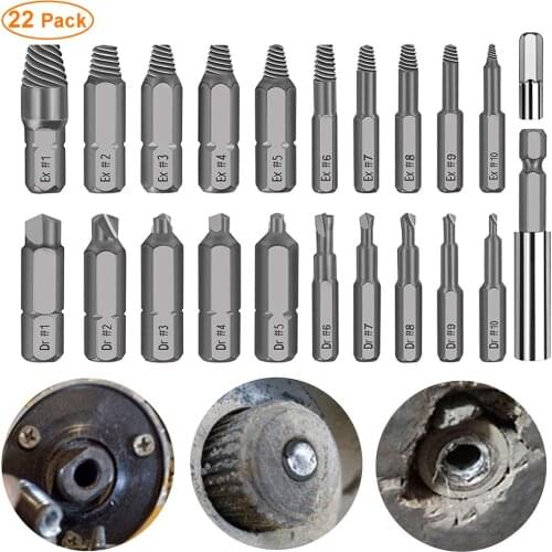 22Pcs Damaged Stripped Screw Extractor Set for Broken Screw HSS Broken Bolt Extractor Screw Remover Kits
