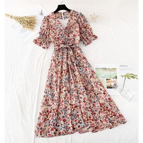 Vintage V-neck Bandage Dress 2020 New Summer Women Floral Print Long Chiffon Dress Female Short Sleeve Pleated Vestidos