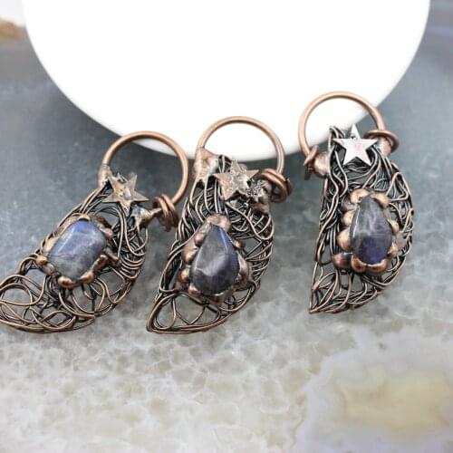 Natural Labradorite Half Moon Birds Nest Antique Brass Style Pendant,Healing Reiki Energy Stone Necklace DIY Charms Jewelry
