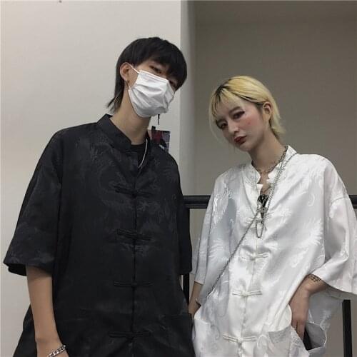 Summer Korean Ins Harajuku Retro Dragon Pattern Personality Shirt Loose Stand-up Collar Button Short-sleeved Shirt