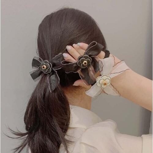 Silk Bow Camellia Elastic Hair Bands Hair Ties Luxury Royal Lace Floral Bow Hair Accessories Lace Headdress Scrunchies Wholesale