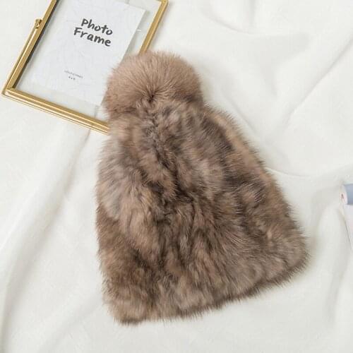 New Fashion Winter Warm Women Knit Mink Hats Woven Thick Knitted Female Fluffy Cap High Quality S8654