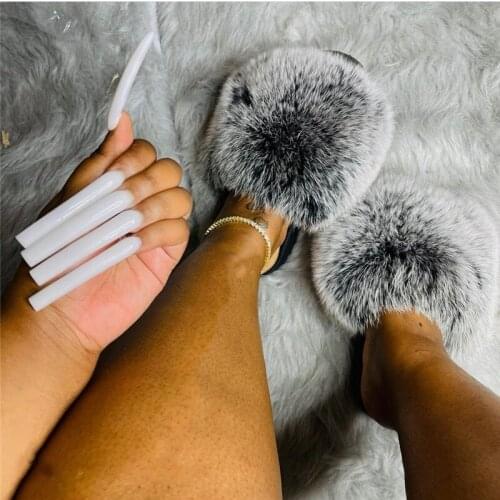 Fur Slippers Fox Hair Fluffy Cute Plush Ladies Flip Flops Summer Luxury Casual Business Outdoor Flat Sandals