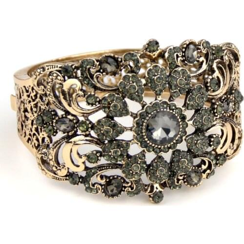 Sunspicems Vintage Indian Turkish Bangle Cuff Bracelet For Women Antique Gold Color Crystal Bohemia Algeria Wedding Jewelry