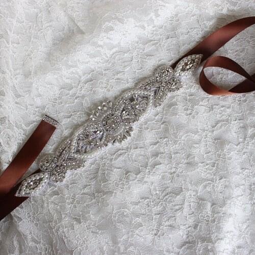 Handmade Luxury Crystal Bridal Belt with Brown Ribbon Rhinestone Crystal Wedding Sash Belt For Dresses Bridesmaid Accessories