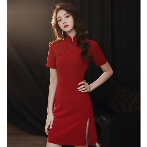 Vintage Chinese Style Bride Wedding Qipao Sexy Burgundy High Split Party Gowns Vestidos De Festa