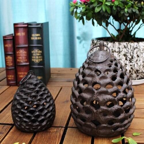 Vintage Black Hollow Pine Cone Design Cast Iron Home Decor Candle Holder Lantern Set