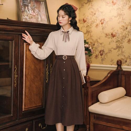 Vintage Autumn Elegant Women set Lace up Two pieces set Turn-down collar Khaki shirt and brown skirt female dresses 2020 HOT