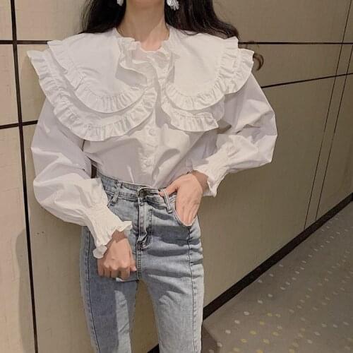 Vintage Clothes Button Up White Shirt Women Ruffle Top Blouse Long Sleeve Oversize Loose Casual Shirt Autumn New