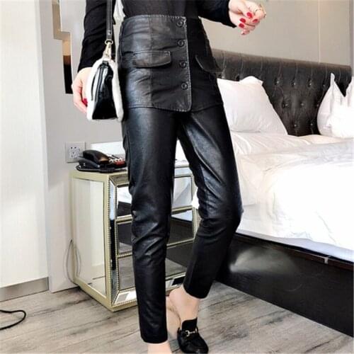 Womens leather pants high waist wear leggings PU leather pencil pants black feet pants womens pants tide mom leather pants