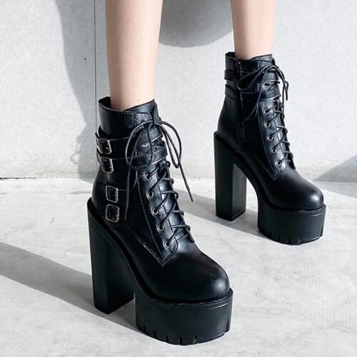 Goth Shoes On Platform Gothic style Punk Metal Stud High Heel Mid-Calf Womens Demonia Boots High Waterproof Elegant Boots YMB363