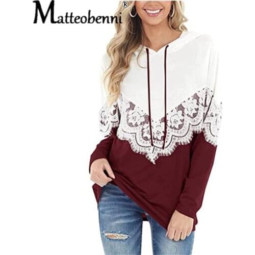 Women Long Sleeve Lace Color Matching Hoodies Sweatshirt Fashion Printing Loose Cotton New Autumn 2021 Ladies Casual Hoodies Top