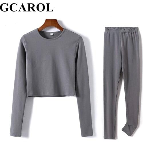 GCAROL 2021 Women‘sets 2 Pcs 95% Cotton Sexy Crop T-shirt Hip Lift Yogo Legging Stretch Fitness Breath Tees Full Length Pants