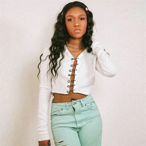 Women’s Casual Long-sleeved Cardigan Solid Color Stylish V-Neck Pin Buckle Solid T-shirt Sexy Crop Top Spring Autumn Outwear Tee