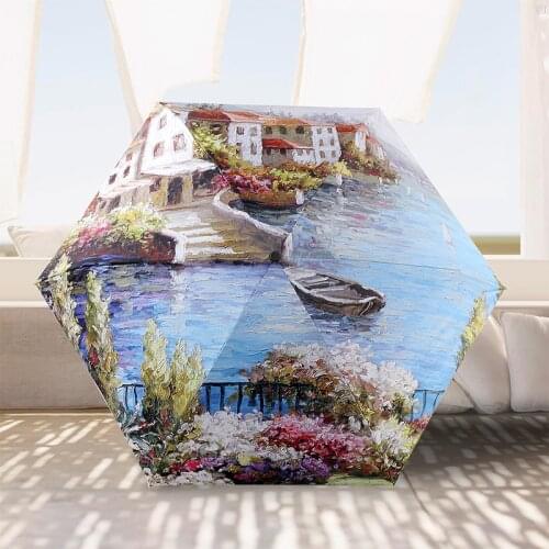 New Folding Umbrella Female Paraguas Oil Painting Umbrella Rain Women Windproof Anti-UV Sun Parasol