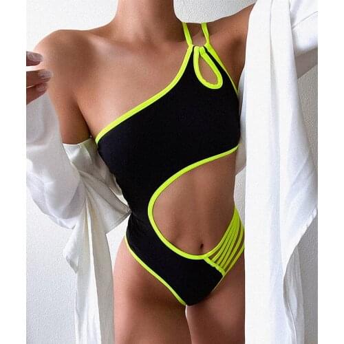 New Sexy 2021 Tummy Cut Out One Shoulder Women Swimwear One Piece Swimsuit Female Monokini High cut Bathing Suit Swim Bodysuit