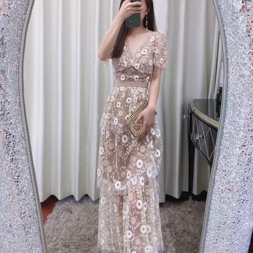 New Summer Dresses for Women V-Neck Maxi Long Floral Beading Hollow out Robes Vestidos Casual Party Elegant Korean Lady Clothes