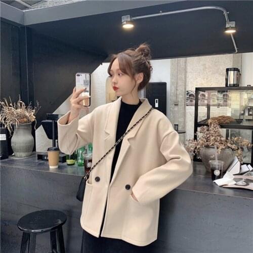 Autumn 2021 New Women Loose Mid-Length Fashion Outerwear Double-Breasted Creamy-White Black Long-Sleeved Woolen Coat Female