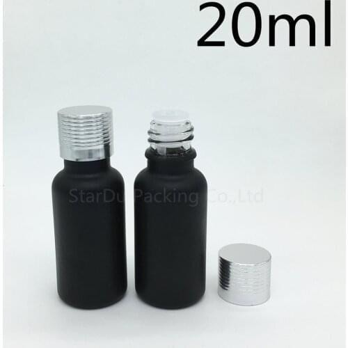 Free Shipping 500pcs 20ML Black Frosted Glass Bottle 20ml Vials Essential Oil Bottle silvery Aluminum screw cover Perfume bottle