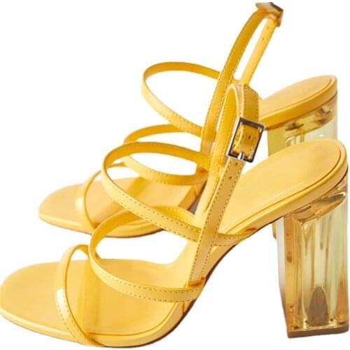 2021 Sexy Summer 10cm High Heel Designer Sandals Yellow Colored Transparent Heeled Back Strap Shoes Sandalias Romanas