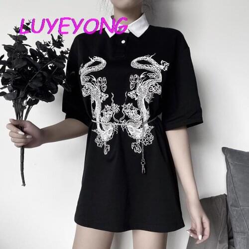 Black Dark Goth Women Cool Shirt 2020 Lady Chinese Dragon Print Single Breasted Gothic Shirt Dress Punk Rock Polo Collar Top Hot
