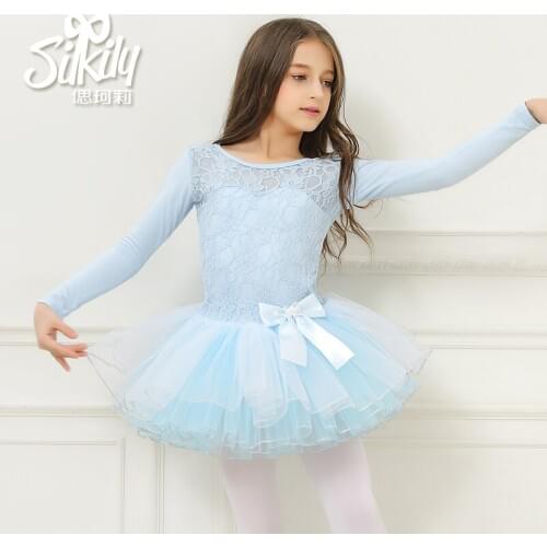Childrens Autumn Long Sleeve Dance Dress Long Sleeve Girls Ballet Skirt Conjoined Dance Dress Disheveled Dancing Suit B-6386