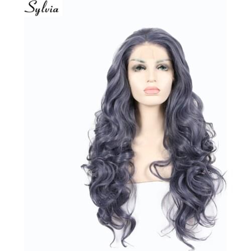 Sylvia Nature Long Body Wave Ombre Dark Gray Blue Synthetic Lace Front Wig Middle Part Dark Grey Blue Heat Resistant Hair