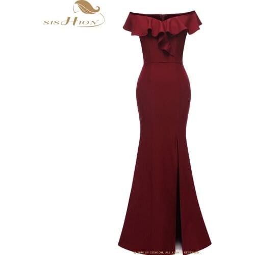 SISHION Elegant Long Dress Ruffles Design CD1683 Black Wine Red Navy Blue Dinner Night Women Ladies Club Party Dress