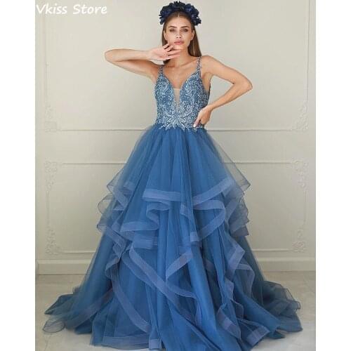 Blue Evening Dress 2020 A-line Spaghetti Strap Bead Sequin V-neck Ruffel Floor Length Backless Prom Dresses платья знаменитостей