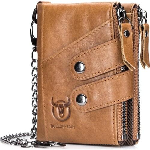 Quality Genuine Leather Men Wallet Brand Zipper Man Purse Vintage Cow Leather Male Card Coin Bag with Iron Chain