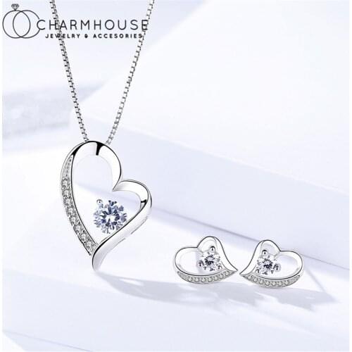 Pure Silver Jewelry Sets For Women Zirconia Heart Necklace & Earrings 2 pcs Jewellery Set Wedding Jewelry Accesories Party Gifts