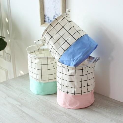 New Fresh Storage Baskets Plaid Storage Box Cotton Linen Desk Toy Storage Holder Waterproof Laundry Basket&Handle