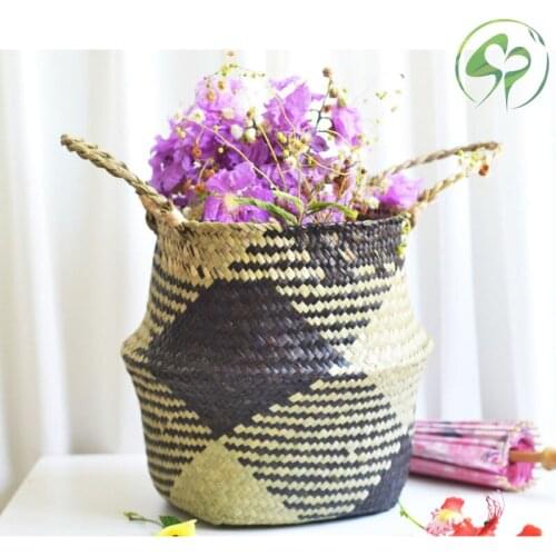 Handmade Seagrass Storage Baskets Household Foldable Laundry Woven Pot Patchwork Wicker Rattan Seagrass Belly Garden Flower Pot