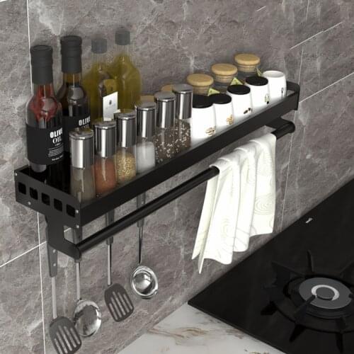Kitchen Storage Rack Punch-free Wall-mounted Spice Bottle Storage Shelf Towel Chopstic Knife Kitchenware Hook Kitchen Organizer