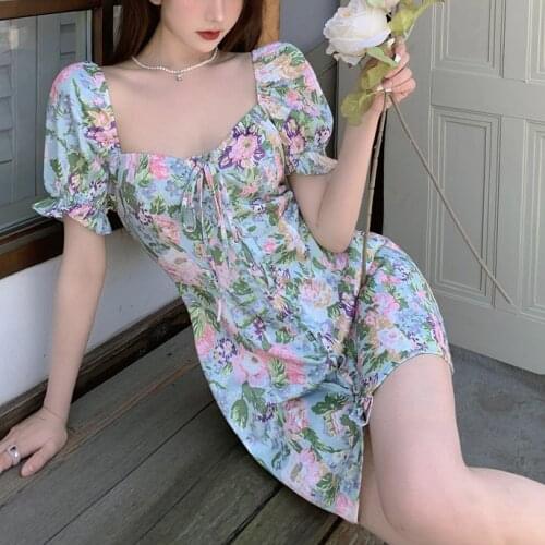 Summer Kawali Floral Print Dress Women Elegant Vintage Sweet Party Sexy Mini Dress Casual Puff Sleeve Holiday Beach Dress 2021