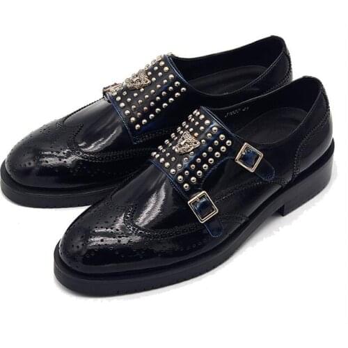 High top formal shoes for men slip on classics black buckle monk straps genuine leather rivet wedding shoes handmade men shoes