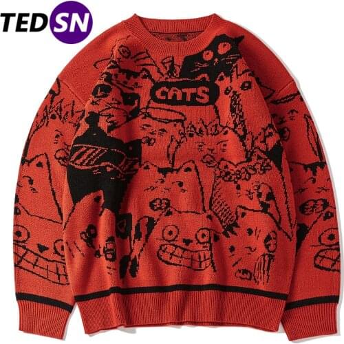 Hip Hop Streetwear Knitted Sweater Men 2021 Cartoon Cats Print Harajuku Sweater Oversize Cotton Loose Pullover Men Clothing Blue